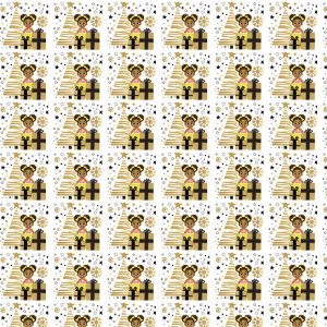 Wrapping Paper Design - young girl with holiday-themed background in color gold, black, and white