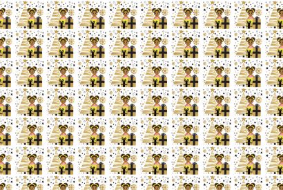 Wrapping Paper Design - young girl with holiday-themed background in color gold, black, and white