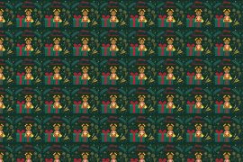 Wrapping Paper Design - young girl standing behind the presents and "Merry Christmas" displayed above the girl